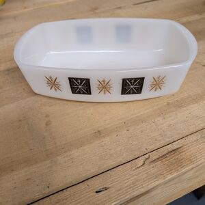 Vintage White Dish with Black and Gold Snowflake Design
